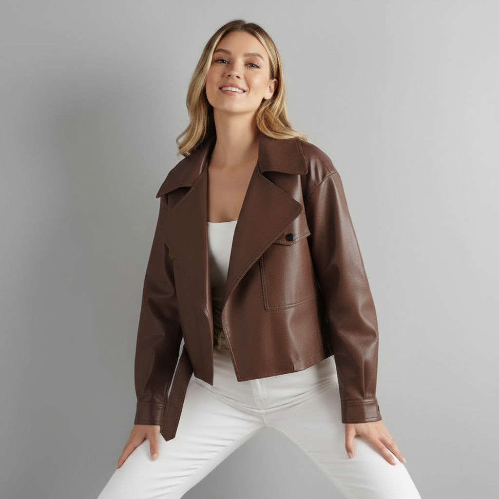 Women's Cropped Leather Trench Jacket-Metro Lane Plaza