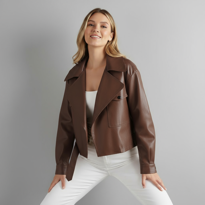 Women's Cropped Leather Trench Jacket-Metro Lane Plaza