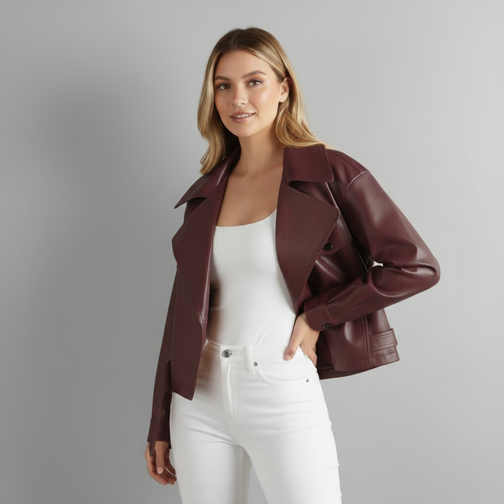 Women's Cropped Leather Trench Jacket-Metro Lane Plaza