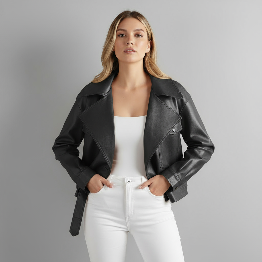 Women's Cropped Leather Trench Jacket-Metro Lane Plaza