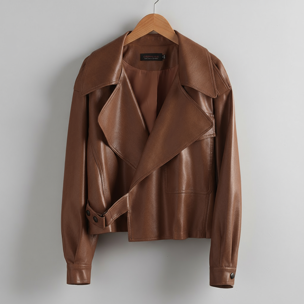 Women's Cropped Leather Trench Jacket-Metro Lane Plaza