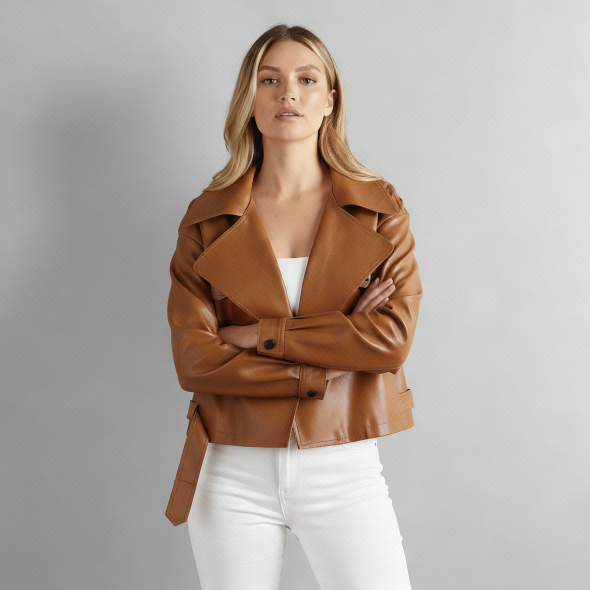 Women's Cropped Leather Trench Jacket-Metro Lane Plaza