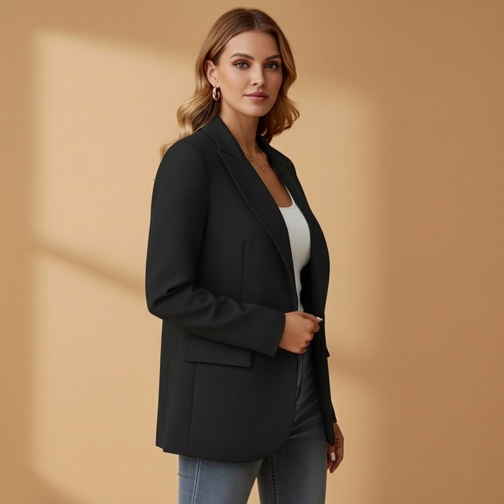 Blazer feminino de corte elegante em mistura de algodão com lapela de bico