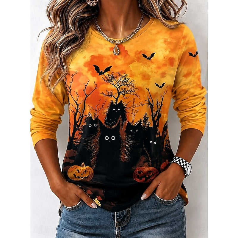 Halloween Witch Graphic Long Sleeve Shirt for Autumn Wear