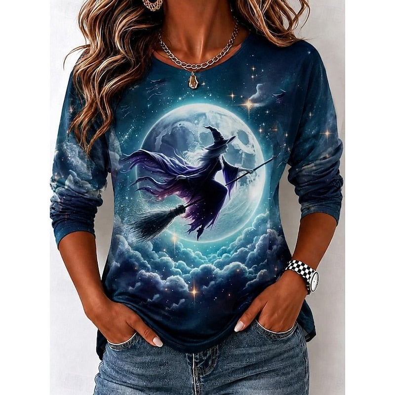 Halloween Witch Graphic Long Sleeve Shirt for Autumn Wear