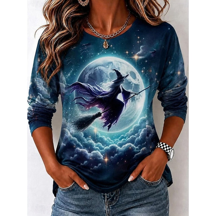 Halloween Witch Graphic Long Sleeve Shirt for Autumn Wear