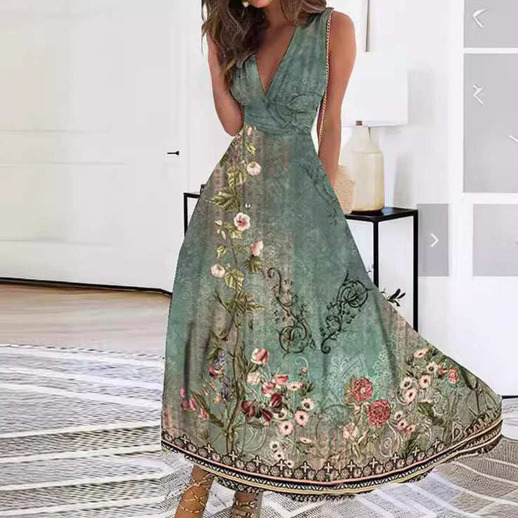 Greta | Women's Floral V-Neck Maxi Dress-Metro Lane Plaza