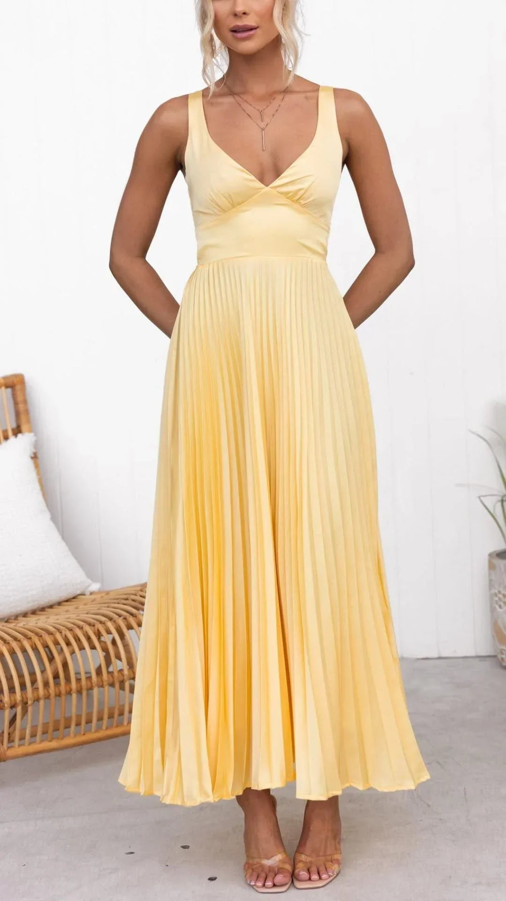 Women's Yellow V-Neck Maxi Dress-Metro Lane Plaza