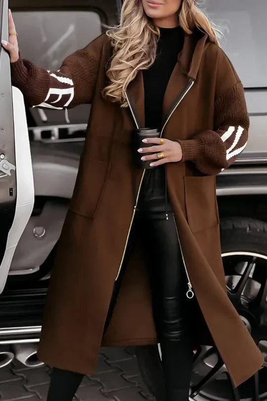 Women's Stylish Patchwork Jacket with Hood and Knitted Sleeves