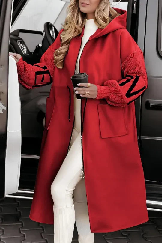 Women's Stylish Patchwork Jacket with Hood and Knitted Sleeves