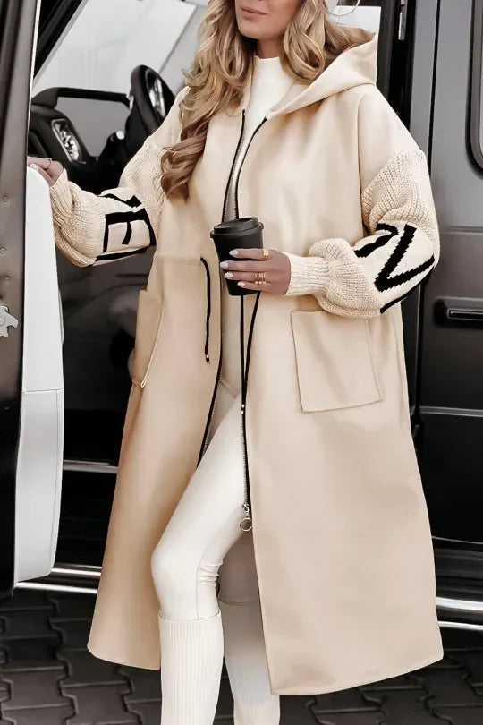 Women's Stylish Patchwork Jacket with Hood and Knitted Sleeves