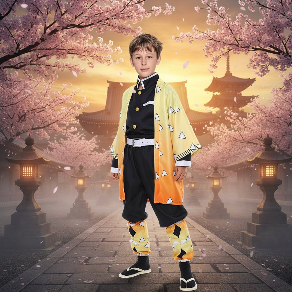 Anime-Cosplaykostüm für Halloween mit Haori, Perücke und LED-Lichtern