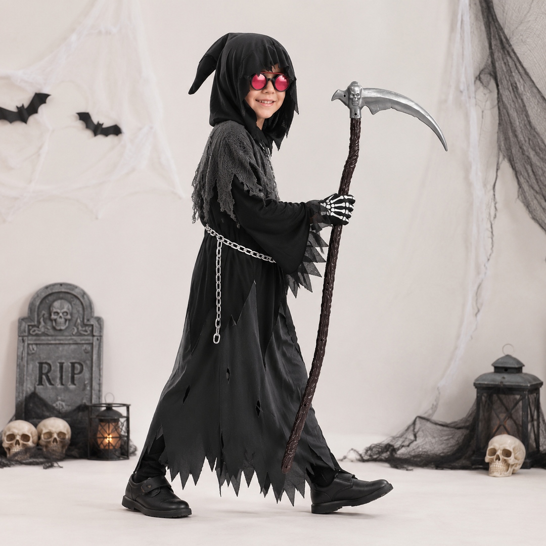 Halloween-Kostüm für Kinder als Sensenmann mit Sense und leuchtenden Augen