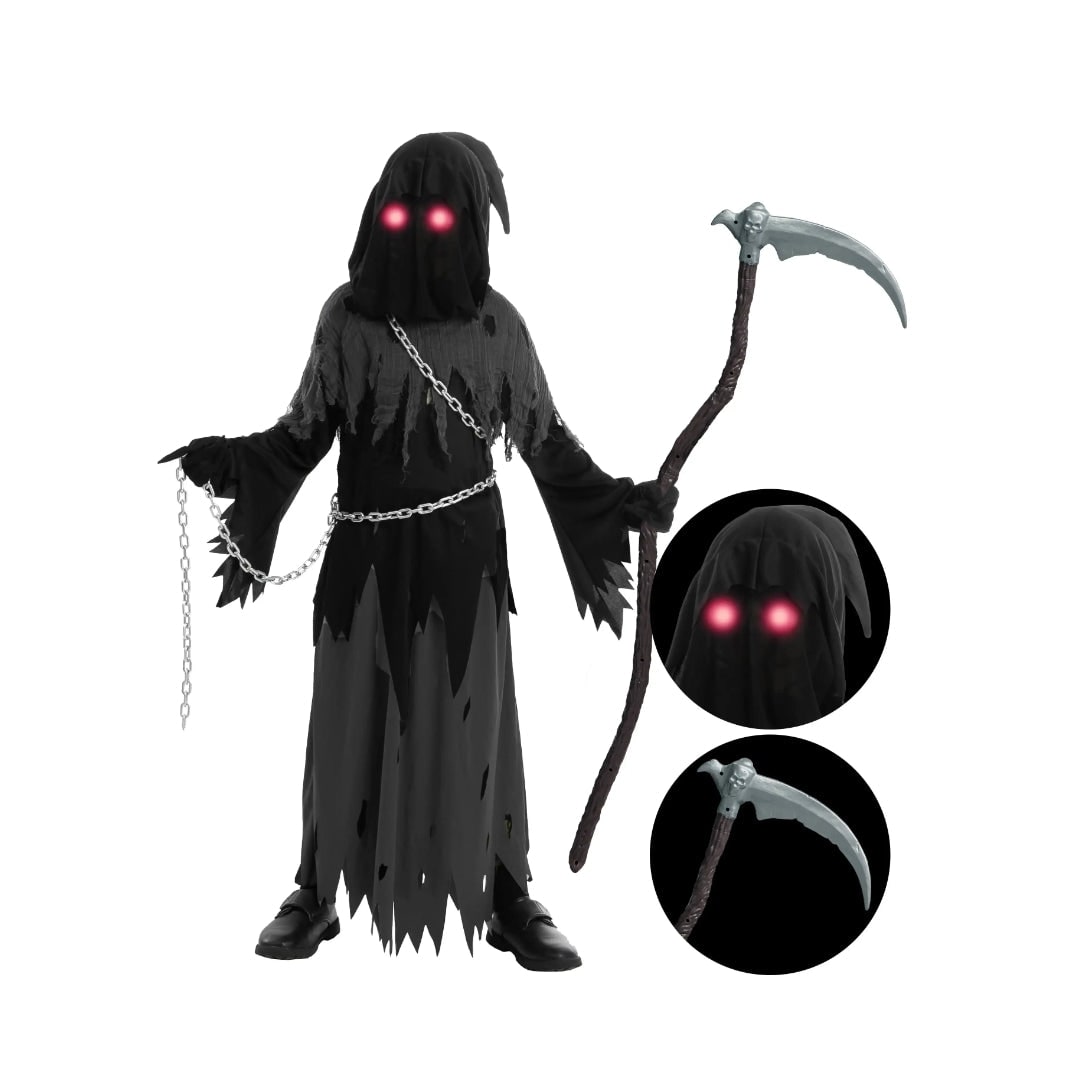 Halloween-Kostüm für Kinder als Sensenmann mit Sense und leuchtenden Augen