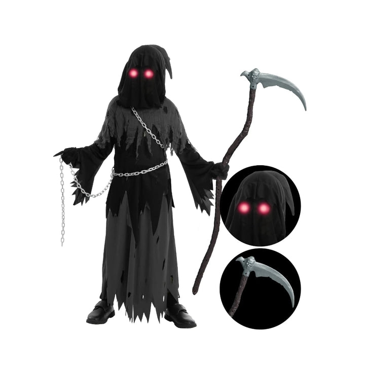 Halloween-Kostüm für Kinder als Sensenmann mit Sense und leuchtenden Augen