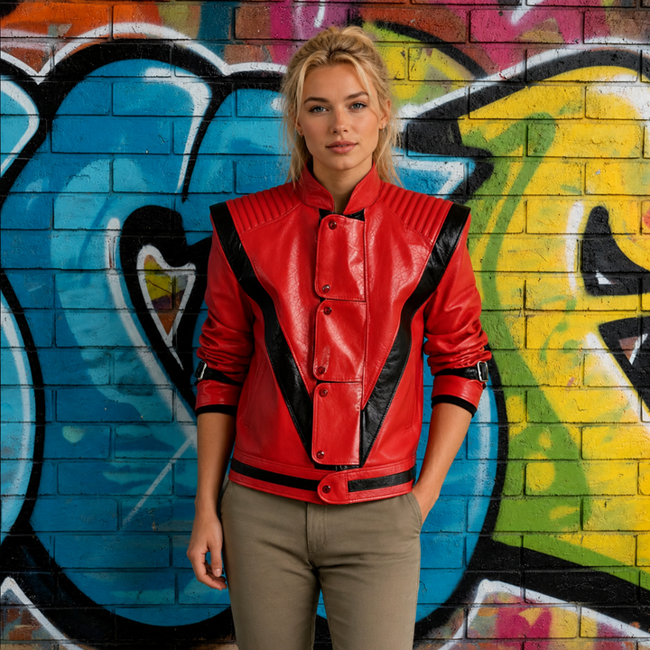 MJ-Thriller-Jackenkostüm für Halloween mit roten Kunstlederstreifen