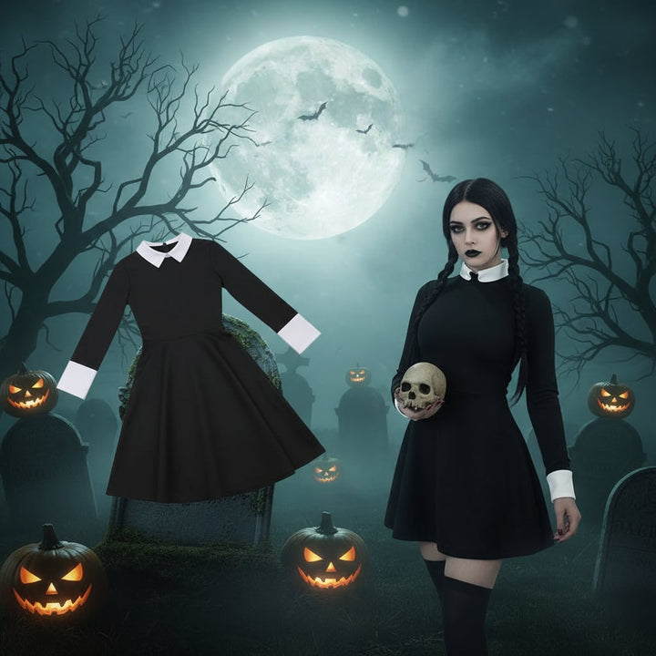 Halloween-karnevalskostume til børn, gotisk kjole med hvid krave