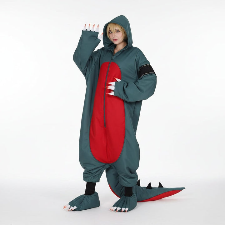 Halloween-dinosaur-kigurumi-kostume til børn og voksne med paryk