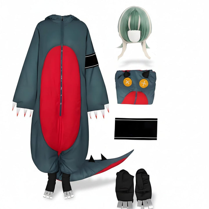 Halloween-dinosaur-kigurumi-kostume til børn og voksne med paryk