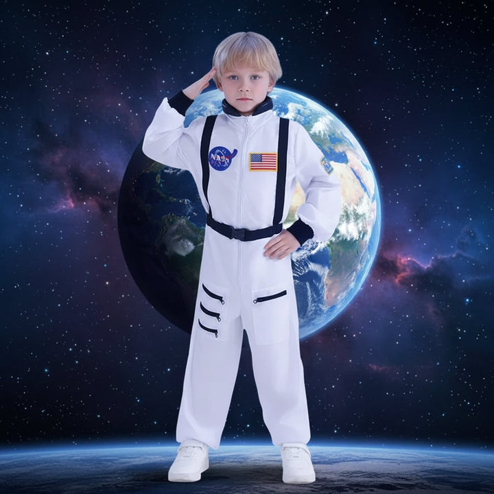 Halloween-astronautkostume til børn, heldragt med mærker
