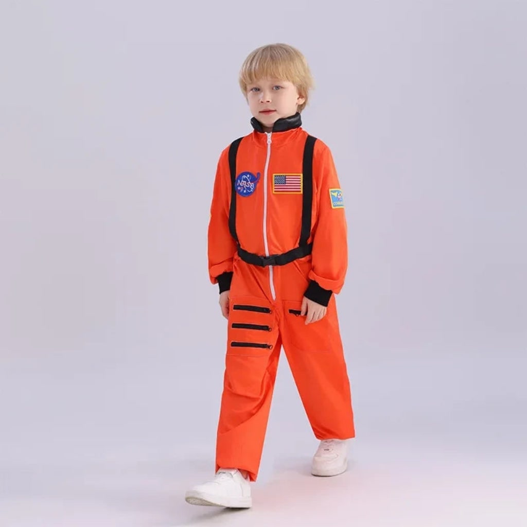 Halloween-astronautkostume til børn, heldragt med mærker