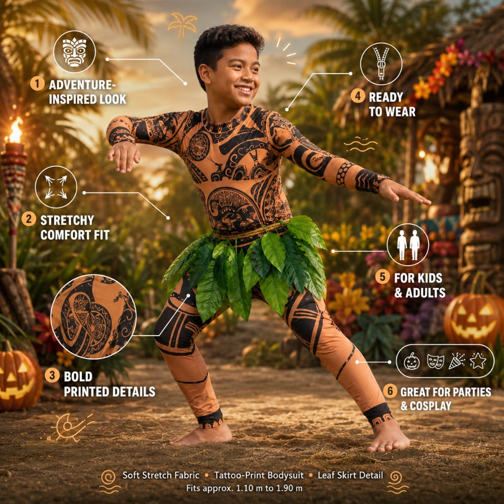 Halloween-karnevalskostume til børn, heldragt og nederdel som ø-demigod