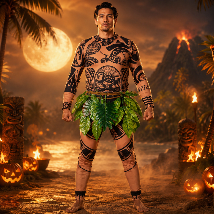 Halloween-karnevalskostume med tatoveringstryk og bladnederdel til alle aldre
