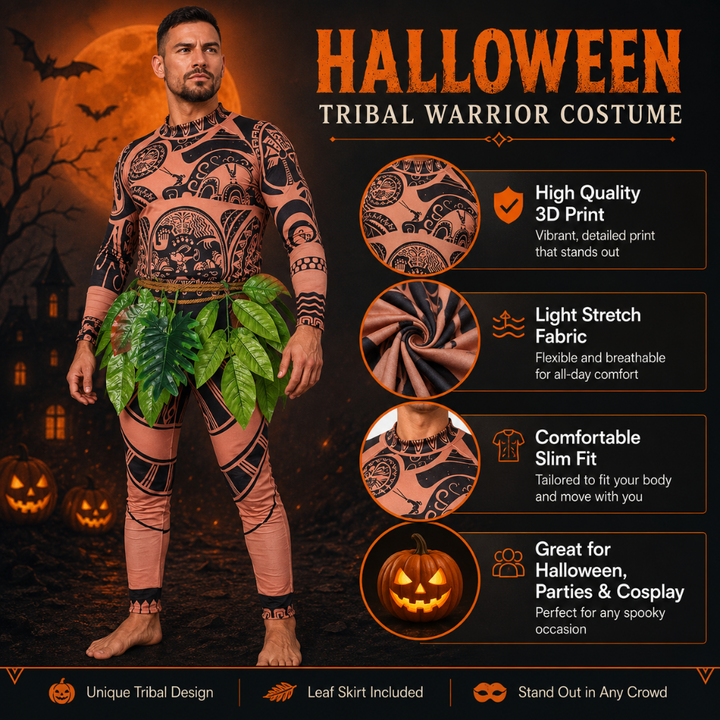 Halloween-karnevalskostume med tatoveringstryk og bladnederdel til alle aldre
