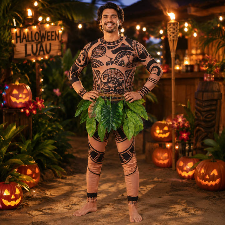 Halloween-karnevalskostume med tatoveringstryk og bladnederdel til alle aldre