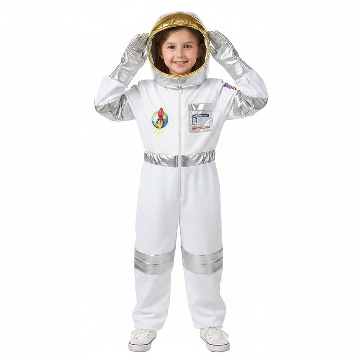 Halloween-Kinderkostüm als Astronaut mit Helm und Handschuhen für den Karneval