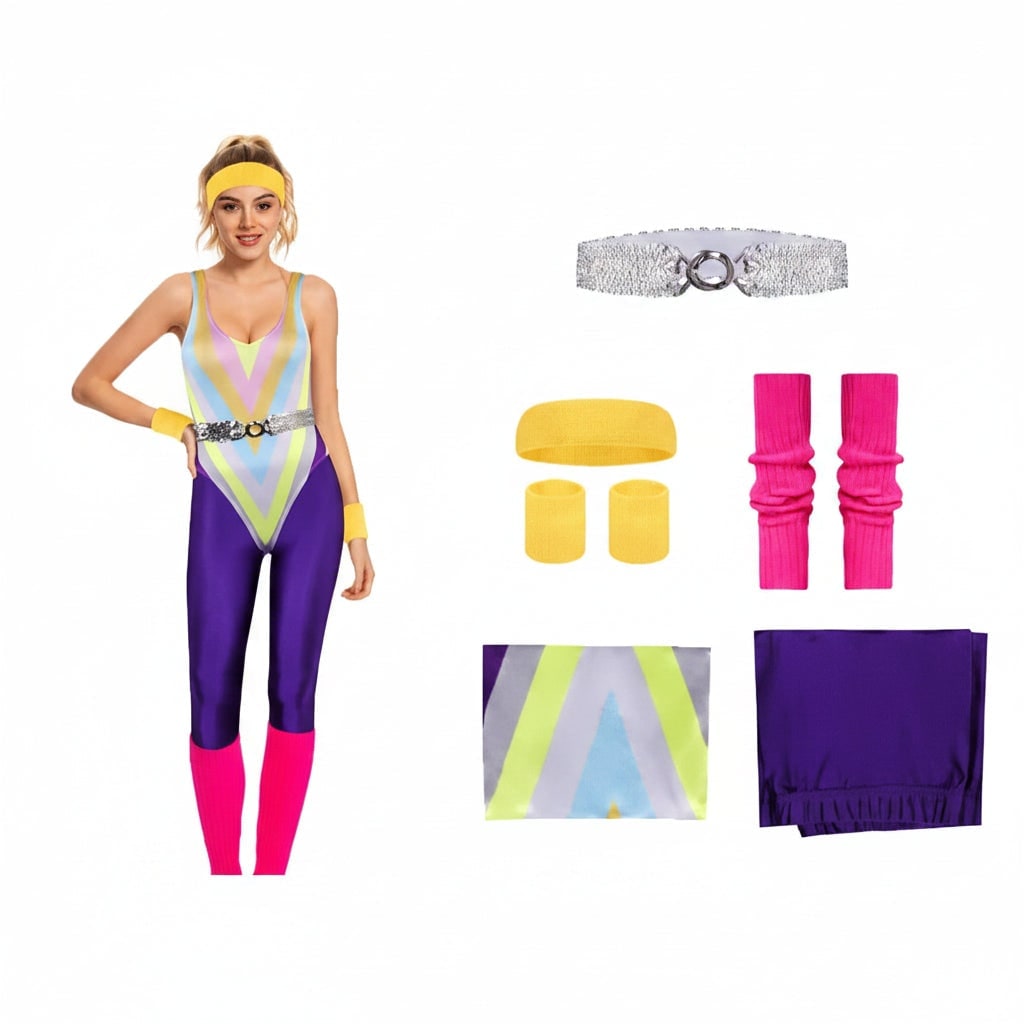 Halloweenkostume i 1980'er-stil med bodystocking og benvarmere, neonfarvet retro-outfit