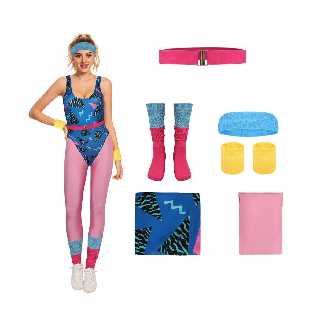 Halloweenkostume i 1980'er-stil med bodystocking og benvarmere, neonfarvet retro-outfit