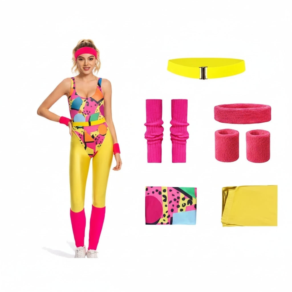 Halloweenkostume i 1980'er-stil med bodystocking og benvarmere, neonfarvet retro-outfit