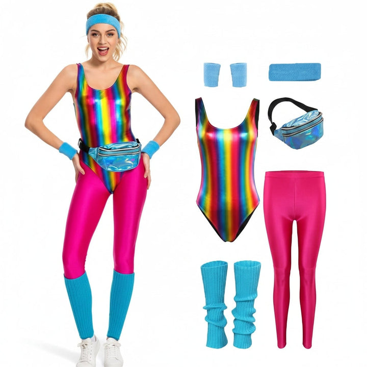 Halloweenkostume i 1980'er-stil med bodystocking og benvarmere, neonfarvet retro-outfit