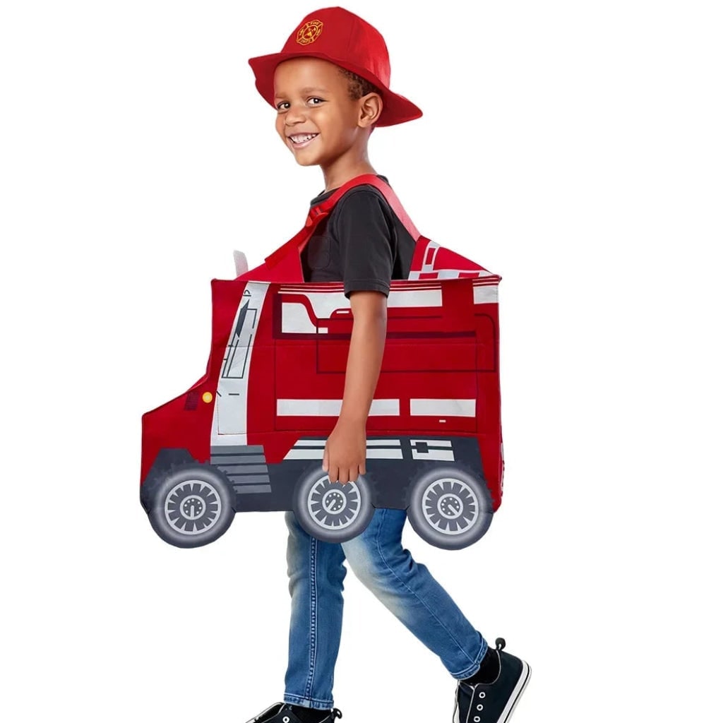 Brandmandskostume til børn til Halloween med brandbil og hat til leg