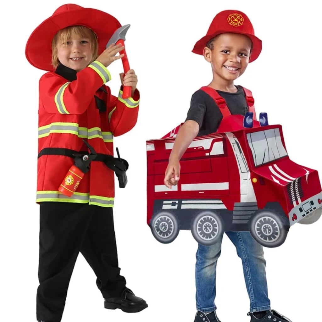 Brandmandskostume til børn til Halloween med brandbil og hat til leg