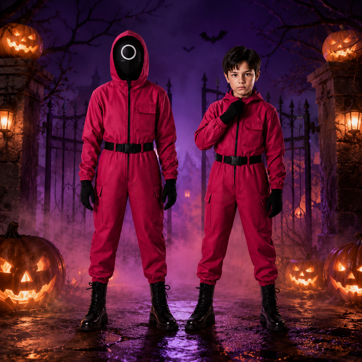 Halloween-børnekostume som vagt med maske og handsker til overlevelsesspil