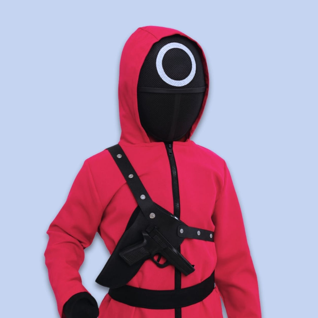 Halloween-børnekostume som vagt med maske og handsker til overlevelsesspil