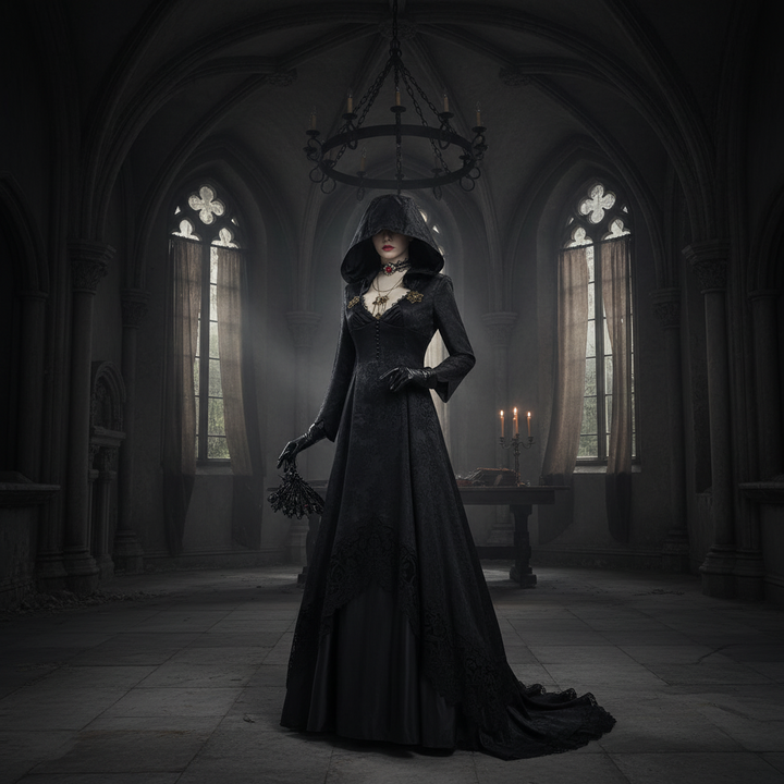 Halloween-vampyrkostume til kvinder med lang sort gotisk kjole og hætte