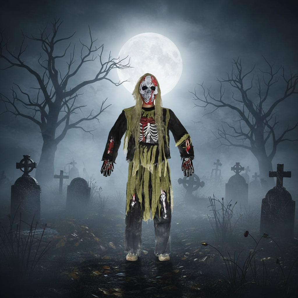 Halloween-zombieskeletkostume til børn med maske og handsker