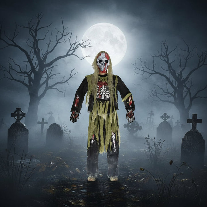 Halloween-zombieskeletkostume til børn med maske og handsker