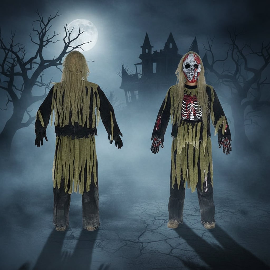 Halloween-zombieskeletkostume til børn med maske og handsker