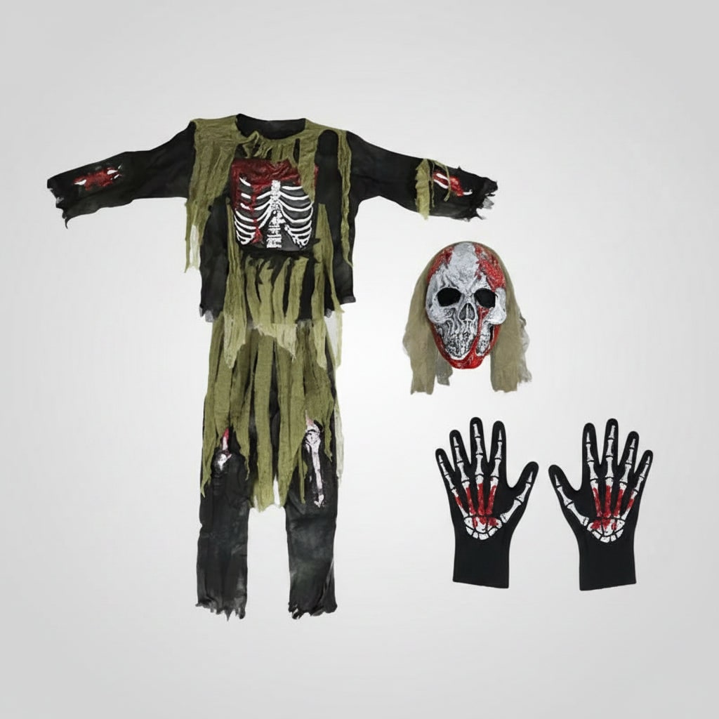 Halloween-zombieskeletkostume til børn med maske og handsker