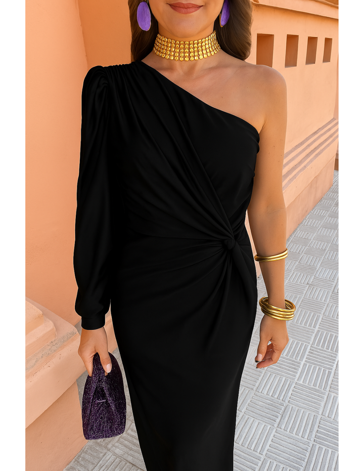 Hannah | Women's One Shoulder Midi Dress for Elegant Occasions-Metro Lane Plaza