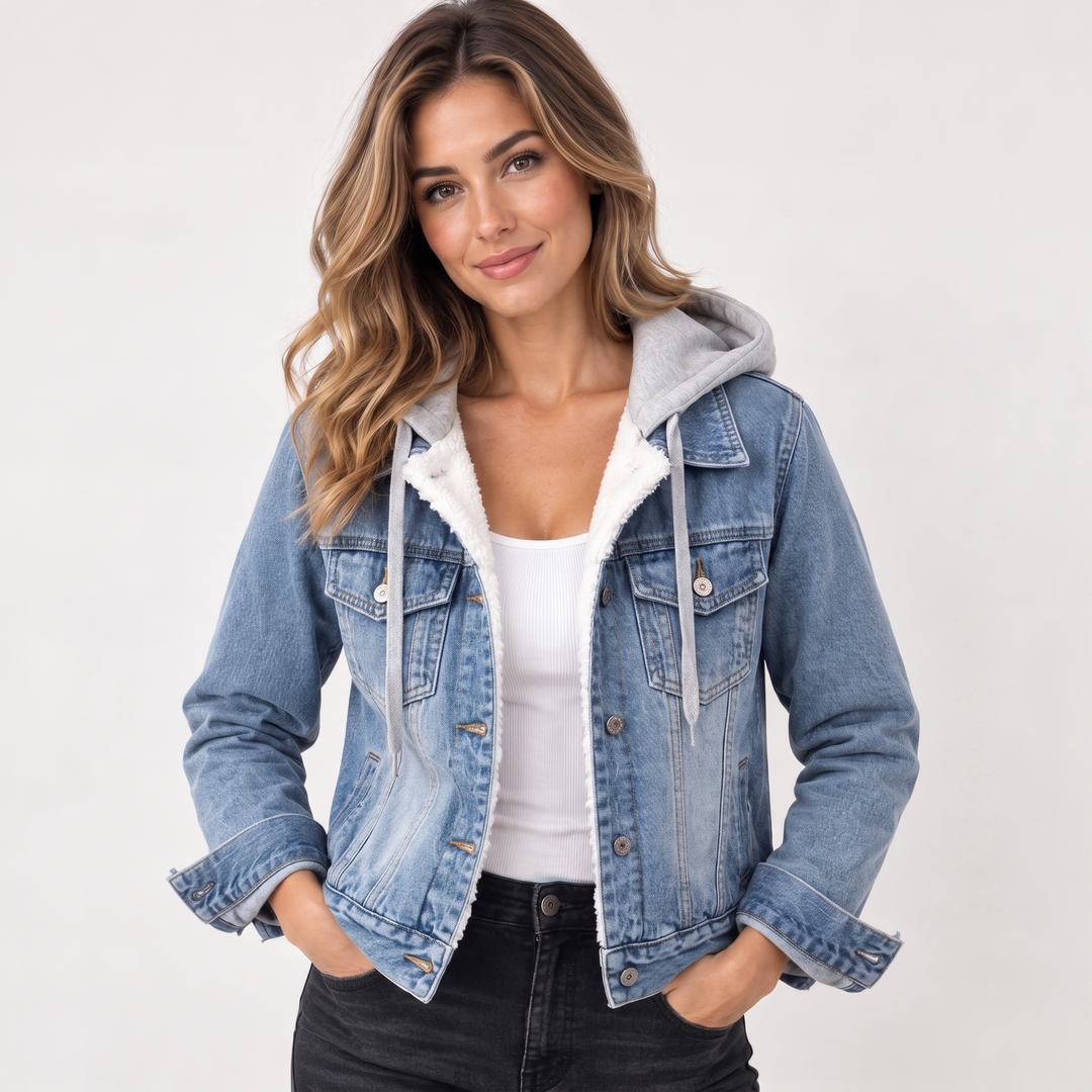 Giacca in denim con cappuccio e fodera in sherpa da donna