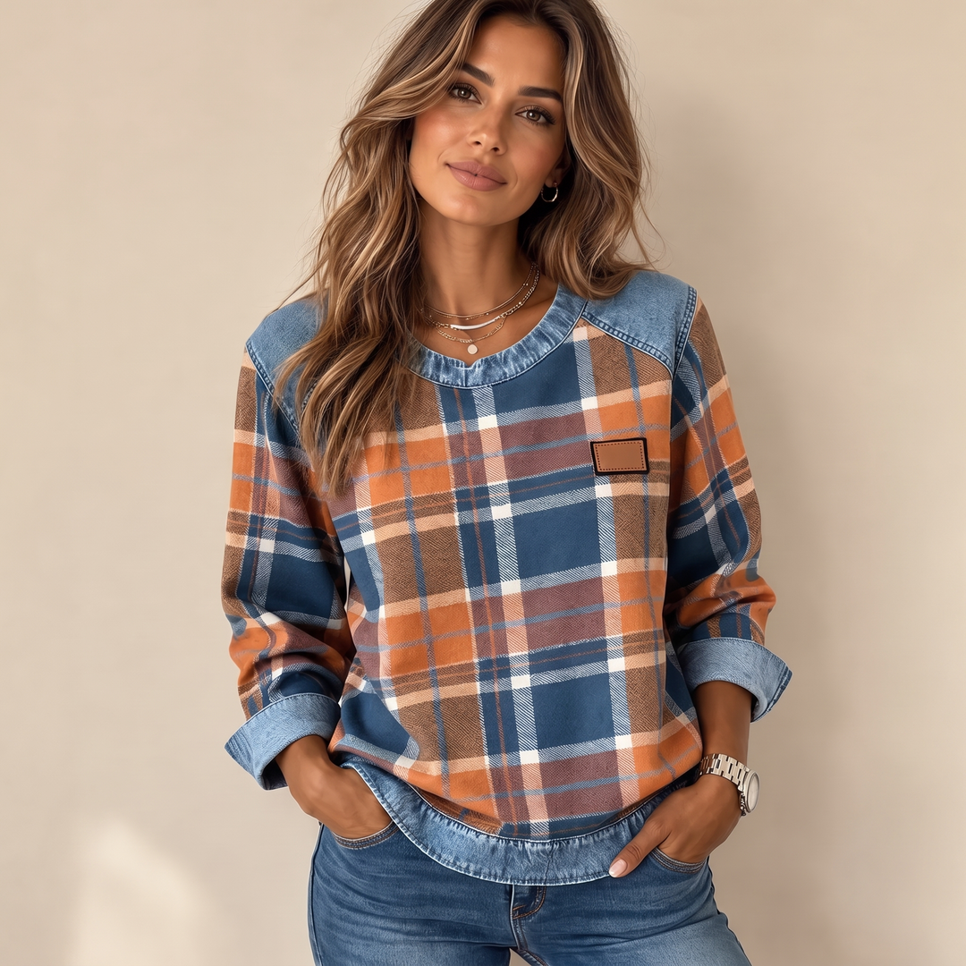 Weiches Damen-Sweatshirt aus Baumwollmischung mit Karomuster und Patchwork