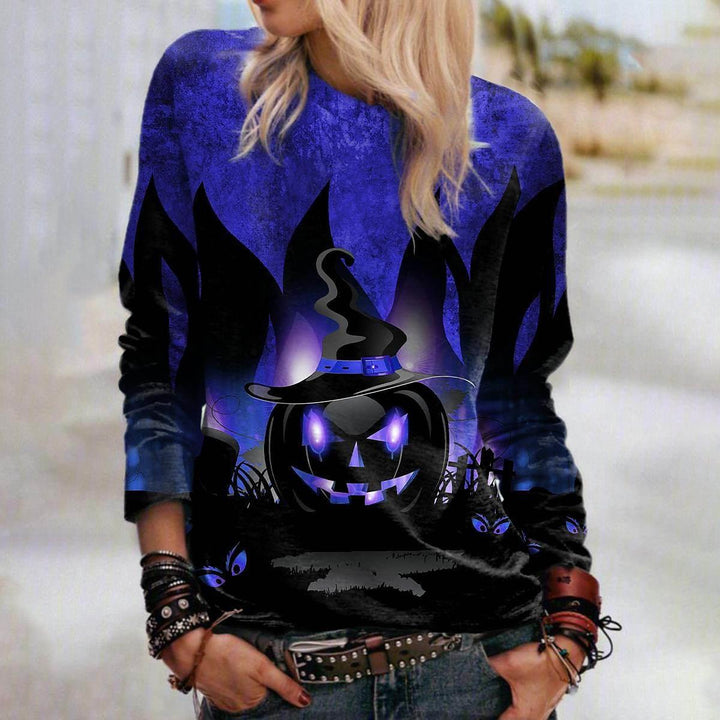 Sweat-shirt graphique d'Halloween pour femme, col rond, manches longues