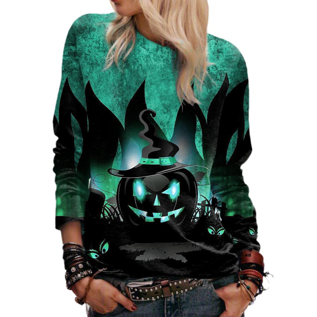 Sweat-shirt graphique d'Halloween pour femme, col rond, manches longues