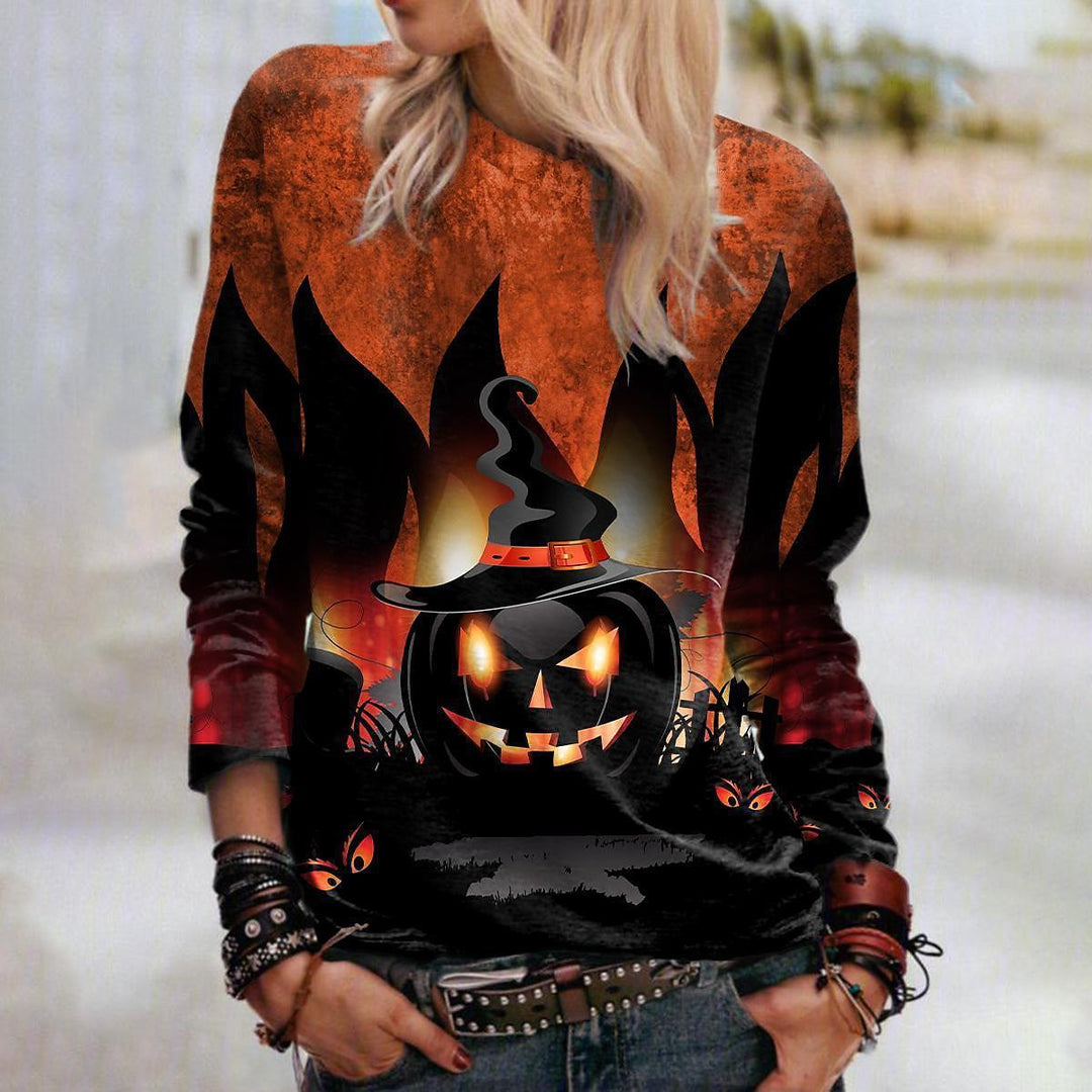 Sweat-shirt graphique d'Halloween pour femme, col rond, manches longues