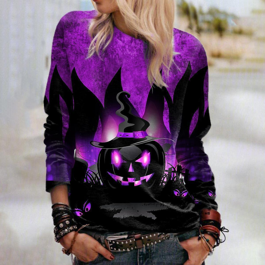 Sweat-shirt graphique d'Halloween pour femme, col rond, manches longues